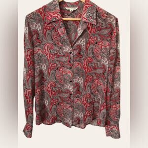 St. John Collection Red Paisley Print Silk Collared Button Up Blouse Size 10